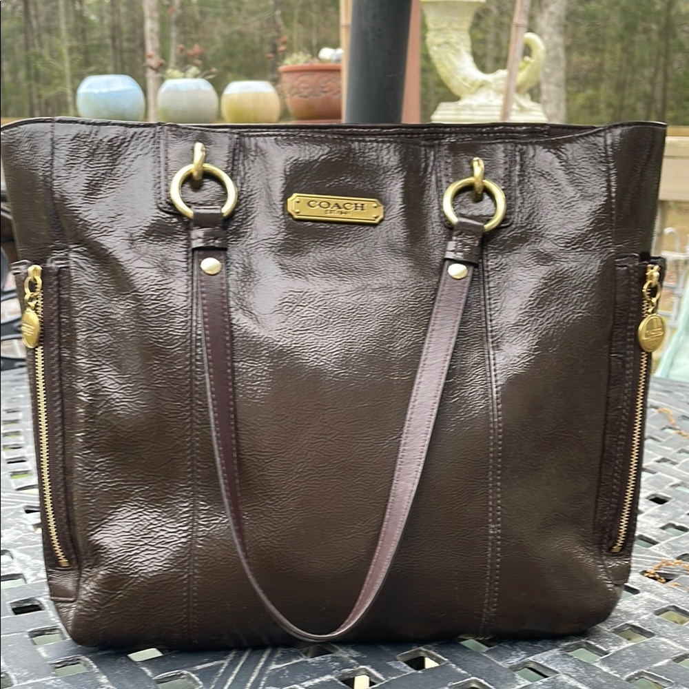 Coach Brown patent Leather Tote with Structured Design
